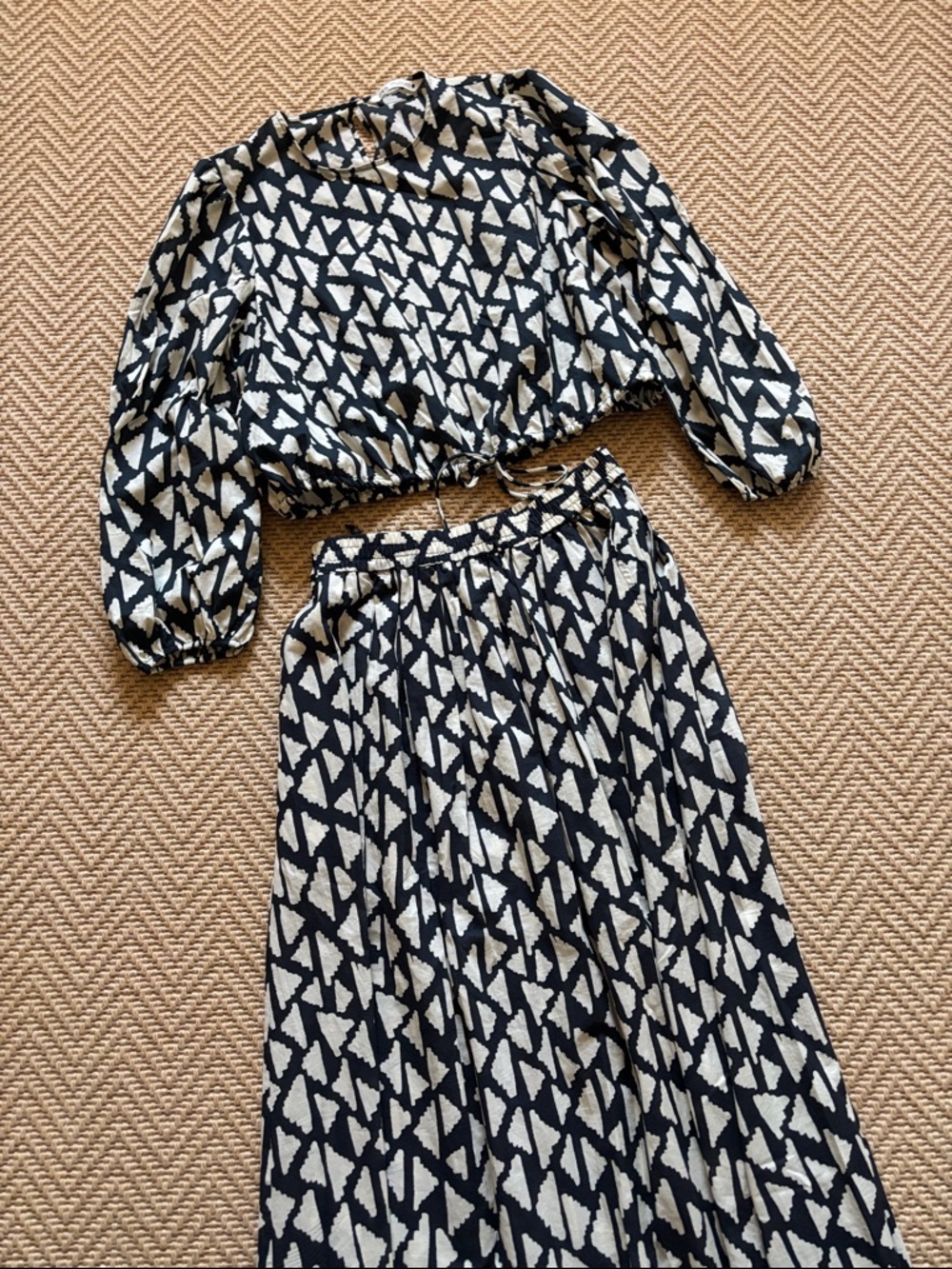 Zara Black & Cream Geometric Blouse and Maxi Skirt Set